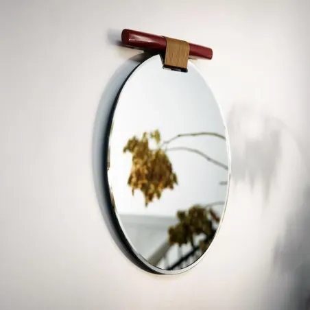 Bryo - Miroir rond en bois, cuir, verre et métal argile