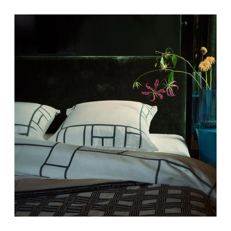 Mosaique - Housse de couette en lin blanc vert paon 240X220