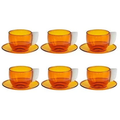 Pakora - Coffret de 6 tasses et soucoupes en verre borosilicate ambre blanc