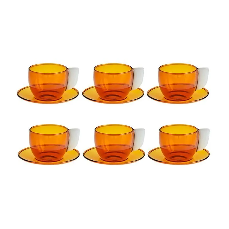 Pakora - Coffret de 6 tasses et soucoupes en verre borosilicate ambre blanc