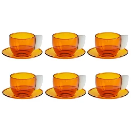 Pakora - Coffret de 6 tasses et soucoupes en verre borosilicate ambre blanc