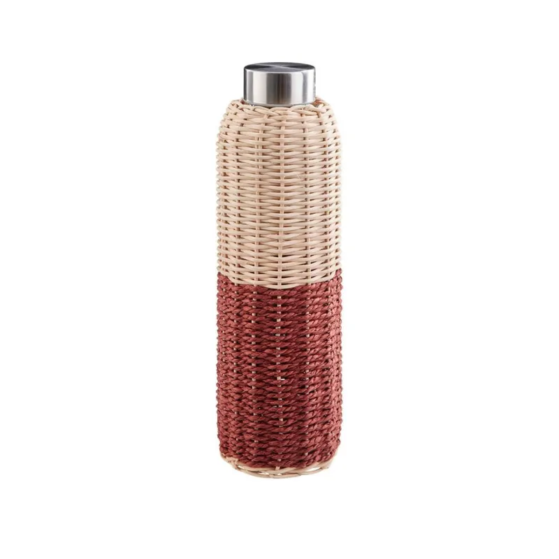 Rio - Gourde en verre borosilicate, rotin naturel, corde de papier sépia, inox
