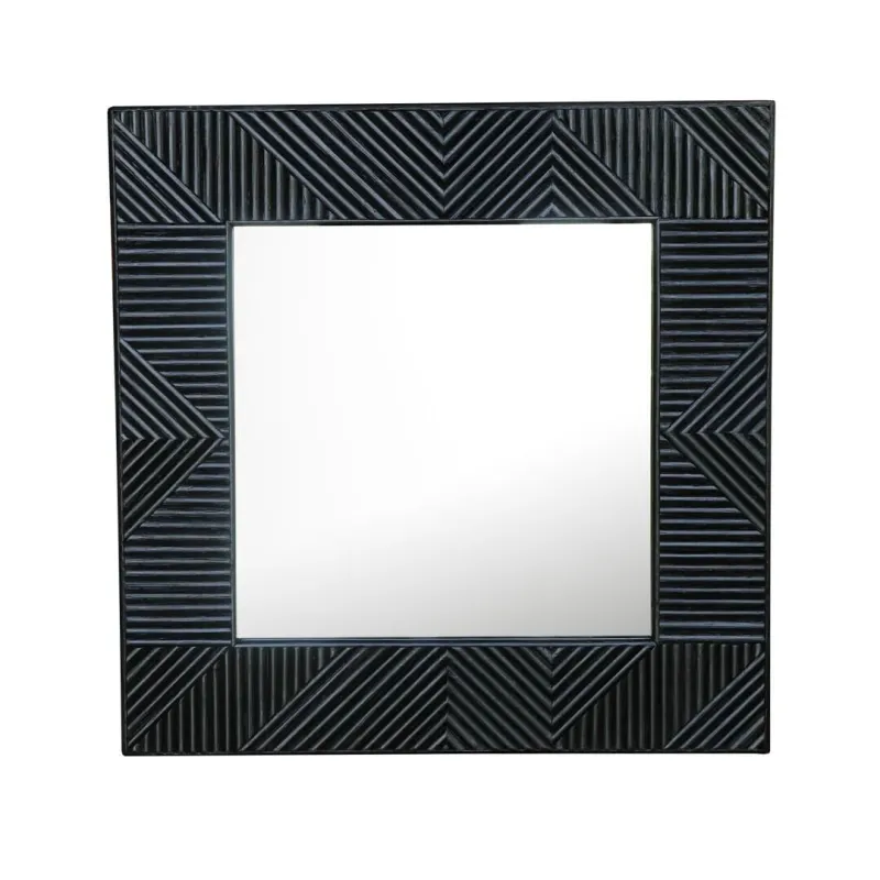 Wabi - Miroir carré en bois, rotin et verre noir