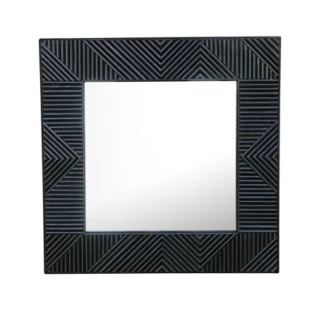Wabi - Miroir carré en bois, rotin et verre noir