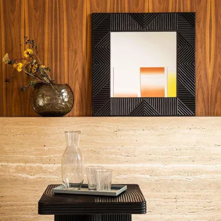 Wabi - Miroir carré en bois, rotin et verre noir