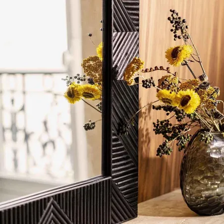 Wabi - Miroir carré en bois, rotin et verre noir